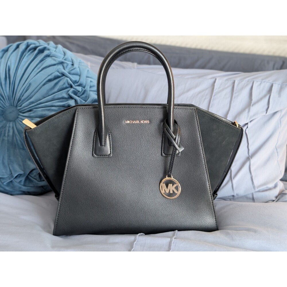 Michael Kors Large Avril Leather Satchel Crossbody Bag Black Suede & Leather